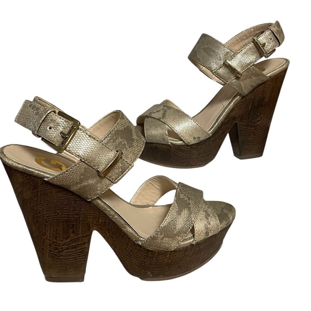 G By Guess Platform Stacey Sandal Block Heels Champagne Gold and Brown 5.5